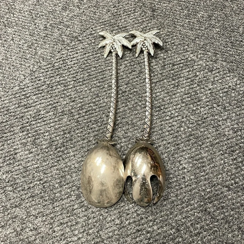 Godinger Palm Tree Large Salad Serving Set Silver Dinnerware Serving Tongs